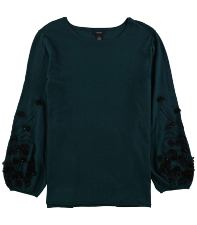 Alfani Womens Embellished Bishop Sleeves Pullover Sweater L , Ocean Teal