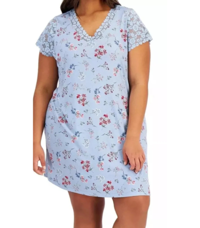 Charter Club Women's Lace-Trim Floral Chemise XS Rain Dance Floral Blue