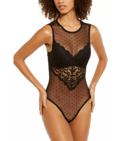 Inc International Concepts Sheer Swiss Dot Cupped Bodysuit-Black-S,M,L,XXL