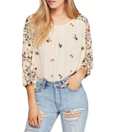 $104 FREE PEOPLE Wild Flowers Embroidered Peasant Top Boho XS