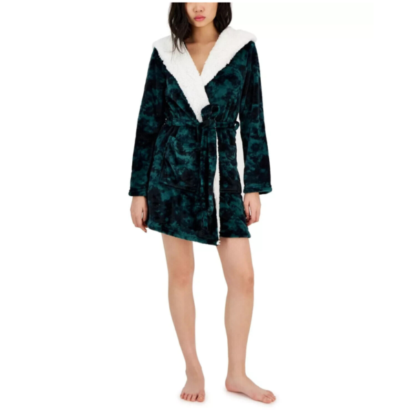 Jenni Women's Faux-Sherpa Lined Hood Short Robe, Green Tie-Dye, XS to Small