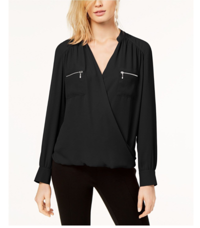 INC International Concepts Zipper-Pocket Surplice Blouse Black M