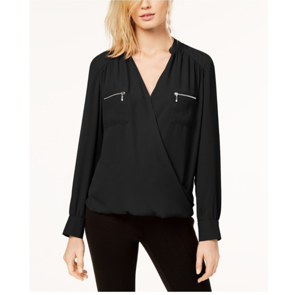 INC International Concepts Zipper-Pocket Surplice Blouse Black M