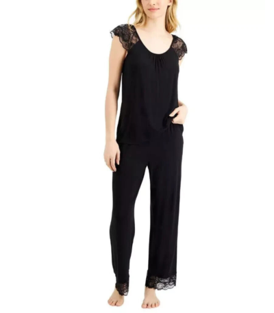 Charter Club Women's Classic Black Rayon Lace-Trim Scoop Neck Pajama Set Size M