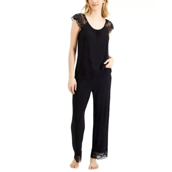 Charter Club Women's Classic Black Rayon Lace-Trim Scoop Neck Pajama Set Size M