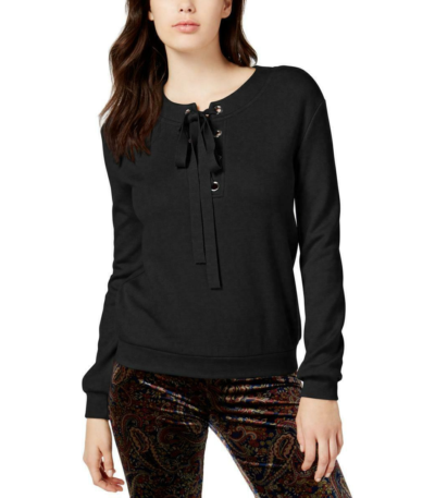 JOA Womens Black Grommet Lace-Up Boat Neck Sweatshirt Top Juniors M