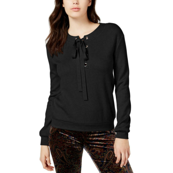 JOA Womens Black Grommet Lace-Up Boat Neck Sweatshirt Top Juniors M