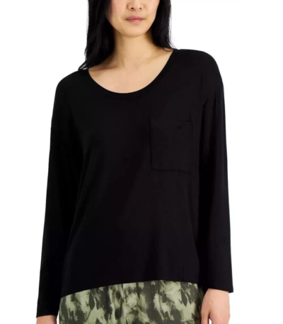 Alfani Women's Long-Sleeve Scoop-Neck Pajama Top T-Shirt, Black, Medium