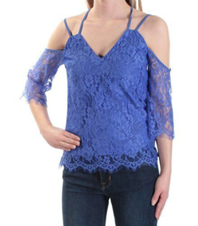 Bar III Womens Cold Shoulder Lace Pullover Top Blue L