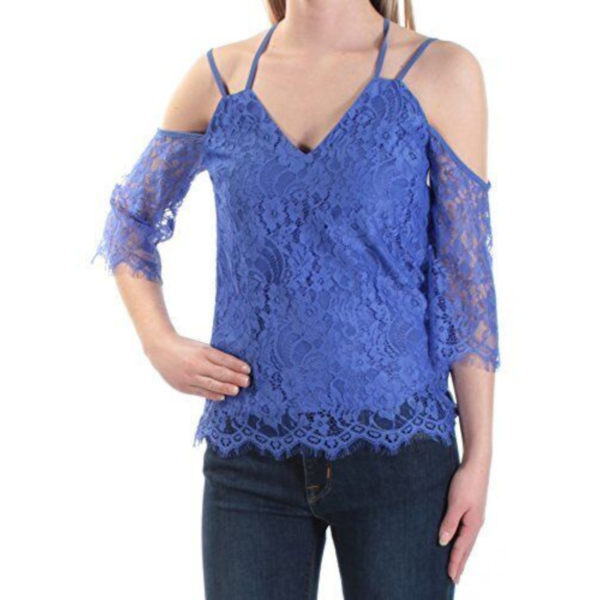 Bar III Womens Cold Shoulder Lace Pullover Top Blue L