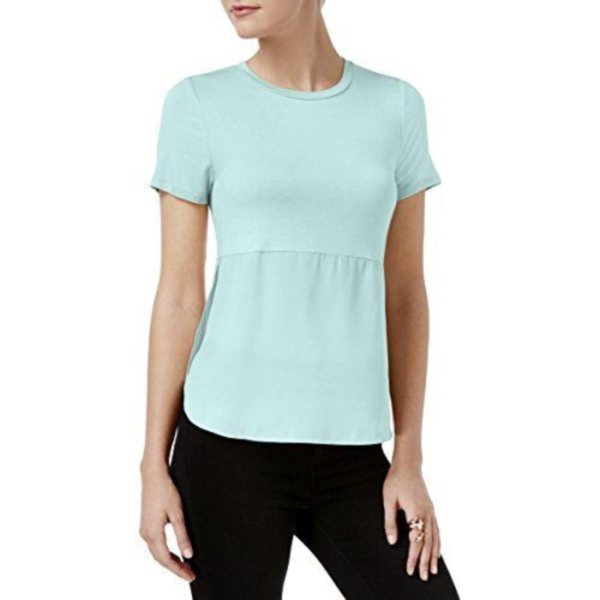 Bar III Short-Sleeve Contrast Top (Aqua Whisper, M)