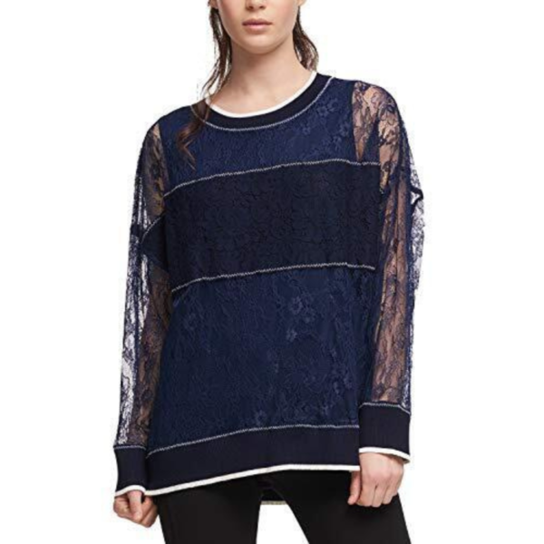 DKNY Womens Lace Sheer Dress Top Navy M