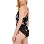 Inc Lace Chiffon Floral Lingerie Bodysuit-Vacation Tropical M Black