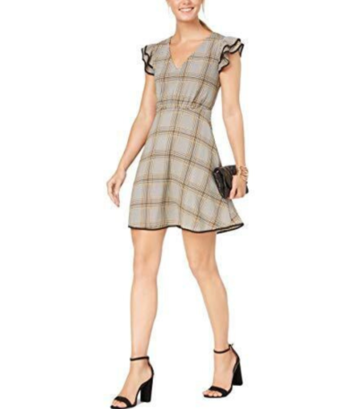 19 Cooper Womens Plaid Ruffle Casual Dress Gray M