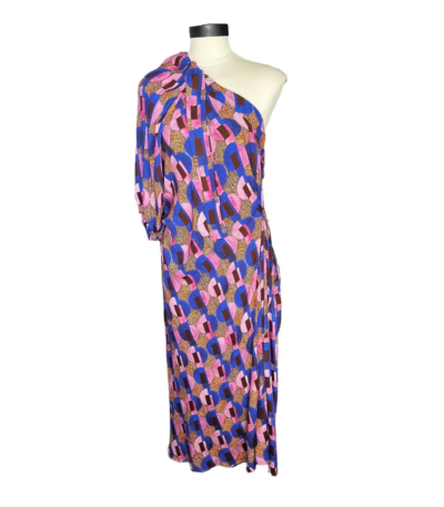 Zara Studio Abstract Pattern One Shoulder Puff Sleeve Dress, Size S