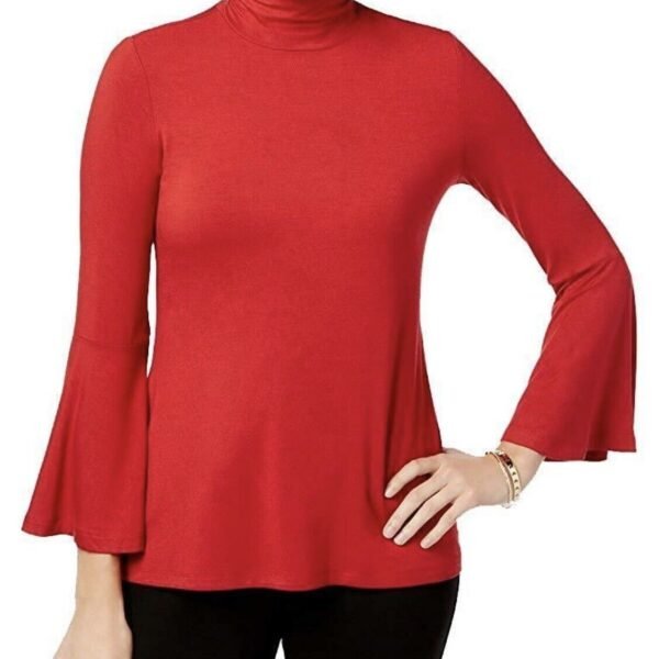 NWT Alfani Mock-Neck Bell-Sleeve Top Banner Red M Rayon