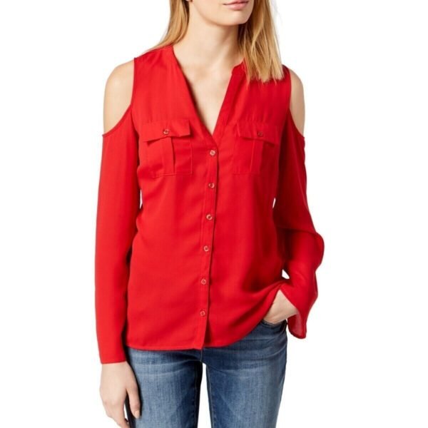 INC NEW Women's Cold Shoulder Button Down Shirt Top XS Red