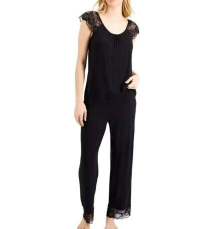 Charter Club Women's Classic Black Cotton Lace-Trim Scoop Neck Pajama Set Size M