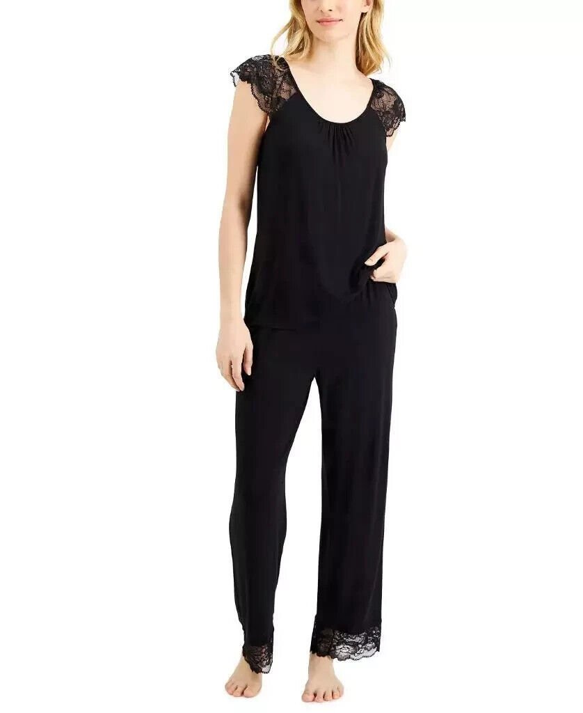 Charter Club Women's Classic Black Cotton Lace-Trim Scoop Neck Pajama Set Size M