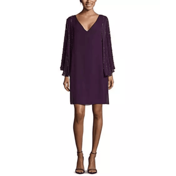 Betsy & Adam Purple V-Neck Beaded Sleeve Shift Dress 8P