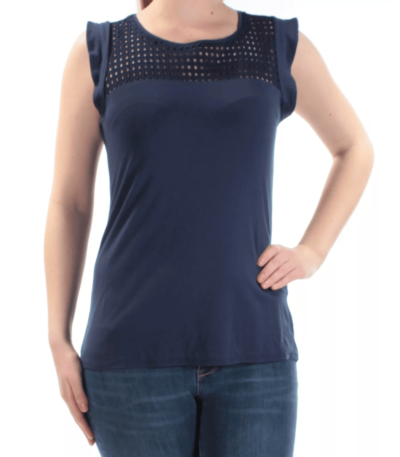 Maison Jules Flutter-Sleeve Eyelet-Detail Top (Navy, M)