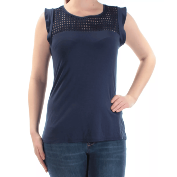 Maison Jules Flutter-Sleeve Eyelet-Detail Top (Navy, M)