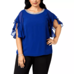 Womens Blue Embellished Flutter Sleeve Chiffon Top 1X Plus