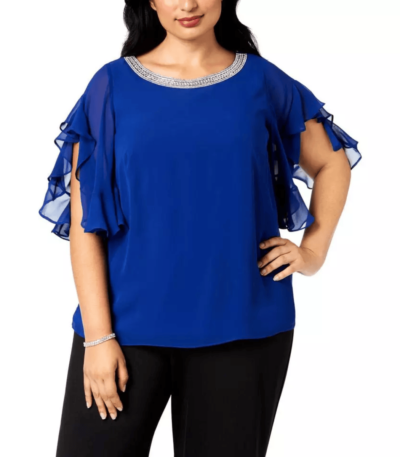 Womens Blue Embellished Flutter Sleeve Chiffon Top 1X Plus