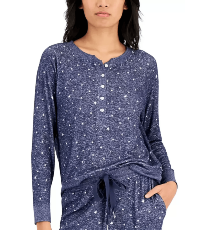 Alfani Women's Long-Sleeve Hacci Henley Pajama Top T-Shirt, Blue Stars, XXL