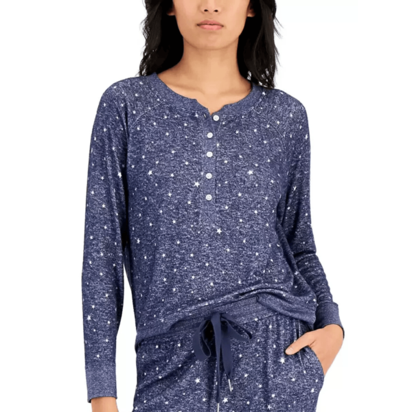 Alfani Women's Long-Sleeve Hacci Henley Pajama Top T-Shirt, Blue Stars, XXL