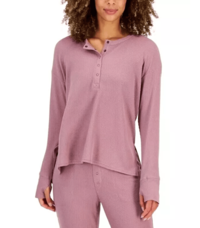 Jenni Women's Waffle-Knit Henley Lounge Pajama Top, Antique Rose Pink, Medium