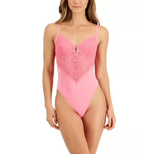 International Concepts Micro Lace Bodysuit, Pink, Medium