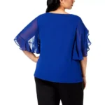 Womens Blue Embellished Flutter Sleeve Chiffon Top 1X Plus