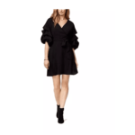 Ruffled Faux-Wrap Dress Knee Length Trendy Women Deep Black Size S