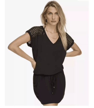 Calvin Klein Crochet-Shoulder Tunic Cover Up, Black, Small/Medium New