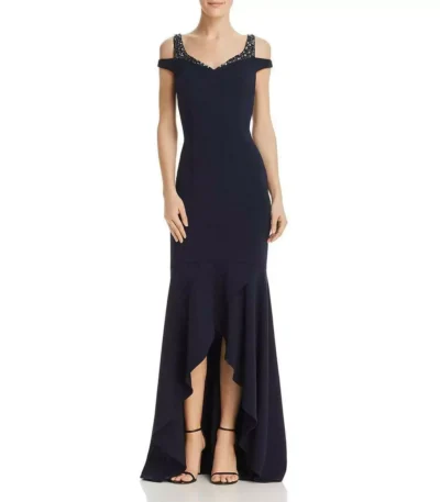 Adrianna Papell Womens Navy Off-The-Shoulder Evening Dress Gown 2