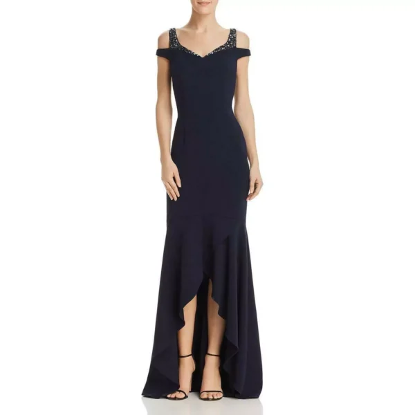 Adrianna Papell Womens Navy Off-The-Shoulder Evening Dress Gown 2