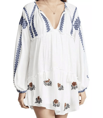 Free People White Wild Horses Embroidery Tassel Tie Boho MiniDress S