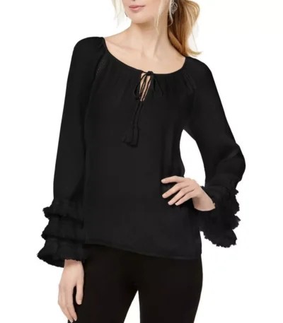 INC International Concepts Fringe-Trim Peasant Top, Deep Black, Small