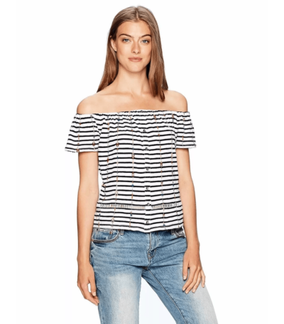 Lucky Brand Stripe Off The Shoulder Embroidery White Top Women M