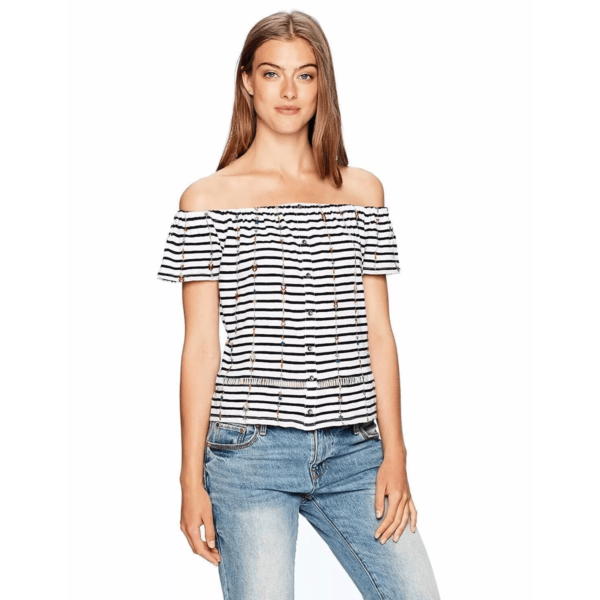 Lucky Brand Stripe Off The Shoulder Embroidery White Top Women M