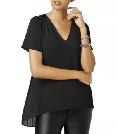 Michael Kors Petite Pleated Lace-Yoke Top Black PS