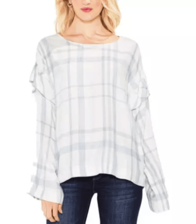 Two by Vince Camuto Womens White Plaid Ruffle Pullover Top Shirt XXS