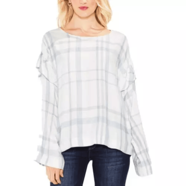 Two by Vince Camuto Womens White Plaid Ruffle Pullover Top Shirt XXS