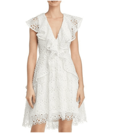 Elliatt Plunge Neckline Interlude White Lace Ruffled Dress L