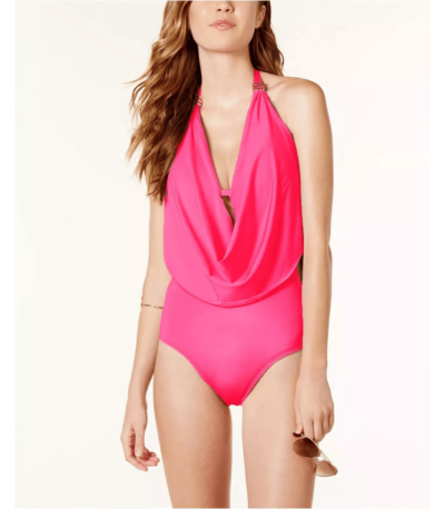 Womens Solid Cowlneck One-Piece Swimsuit, Ruby, Large pink