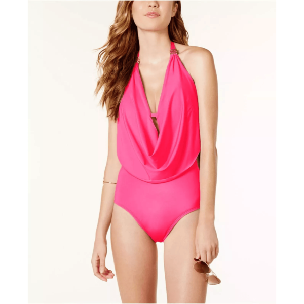 Womens Solid Cowlneck One-Piece Swimsuit, Ruby, Large pink