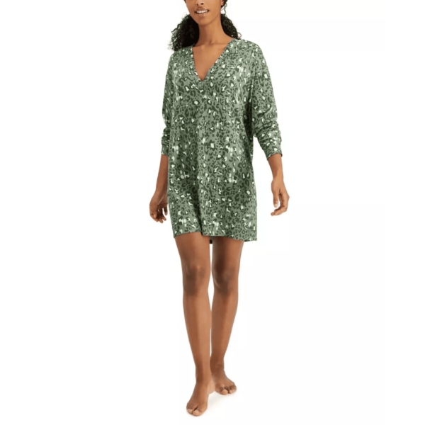 Jenni Women's Soft Knit V-Neck Sleepshirt, Green Leopard Animal Print, XS