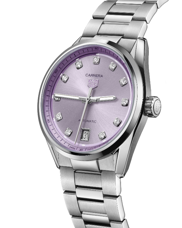 TAG Heuer Carrera Date Swiss-Made Precision and Performance At its heart beats the TAG Heuer Calibre 7 automatic movement, engineered for reliability and accuracy. With a power reserve of approximately 56 hours, it guarantees flawless timekeeping and mechanical grace. The sapphire crystal case back allows a clear view of the movement — a hallmark of TAG Heuer’s commitment to technical excellence and aesthetic beauty. Key Features Model: TAG Heuer Carrera Calibre 7 Automatic Reference: WBN2319.BA0001 Movement: Calibre 7 Automatic Power Reserve: Approximately 56 hours Case Size: 36 mm Case Material: Stainless Steel Dial: Purple Sunray-Brushed with Date Display Crystal: Sapphire with Anti-Reflective Coating Bracelet: Stainless Steel with Folding Clasp Water Resistance: 50 meters A Statement of Grace and Confidence TAG Heuer Carrera Date